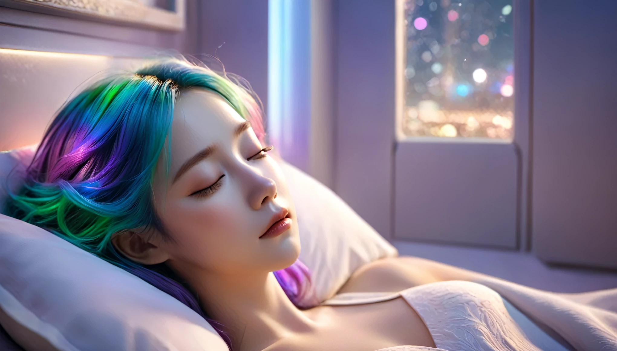 (best quality,8k,ultra-detailed:1.2),(CG,CG art,3D rendering),(masterpiece:1.2),(movie lighting,futuristic),(woman lying in bed,sleeping,closed eyes),(large window behind her,tranquil night),(colorful hair:1.5)