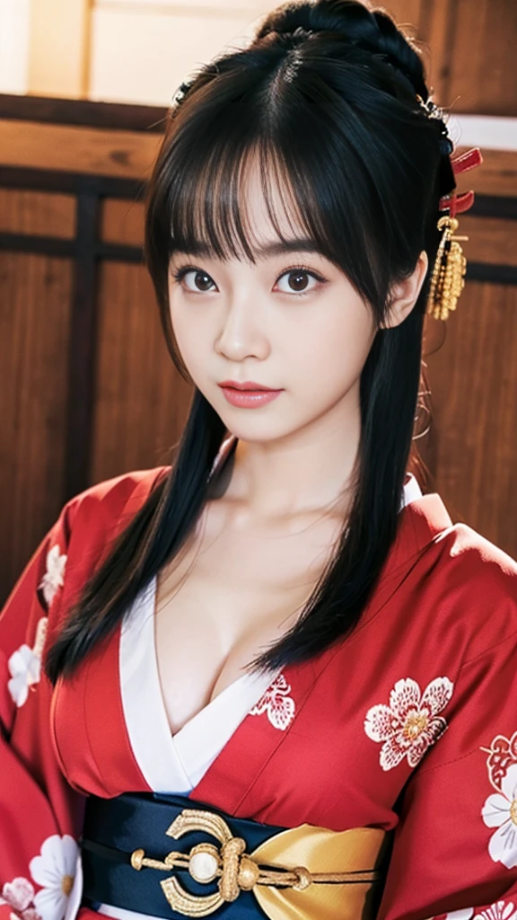 4K.Photorealistic,　high resolution (of an image),
Best quality ,
Warring States Period Japanese woman, beautiful, wearing red and white kimono, face with large eyes. Parallel eyebrows.　Background is in the castle
detailed beautiful eyes
cute eyes
Her face is Hashimoto Kanna.
Face like a K-pop idol
chuckle.beautiful woman. 
 Standing slender
Beautiful tits
huge breasts,
slender legs,
whole (body)　full body,