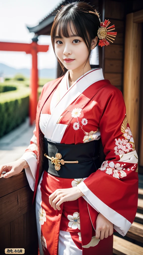 4K.Photorealistic,　high resolution (of an image),
Best quality ,
Warring States Period Japanese woman, beautiful, wearing red and white kimono, face with large eyes. Parallel eyebrows.　Background is in the castle
detailed beautiful eyes
cute eyes
Her face is Hashimoto Kanna.
Face like a K-pop idol
chuckle.beautiful woman. 
 Standing slender
Beautiful tits
huge breasts,
slender legs,
whole (body)　full body,