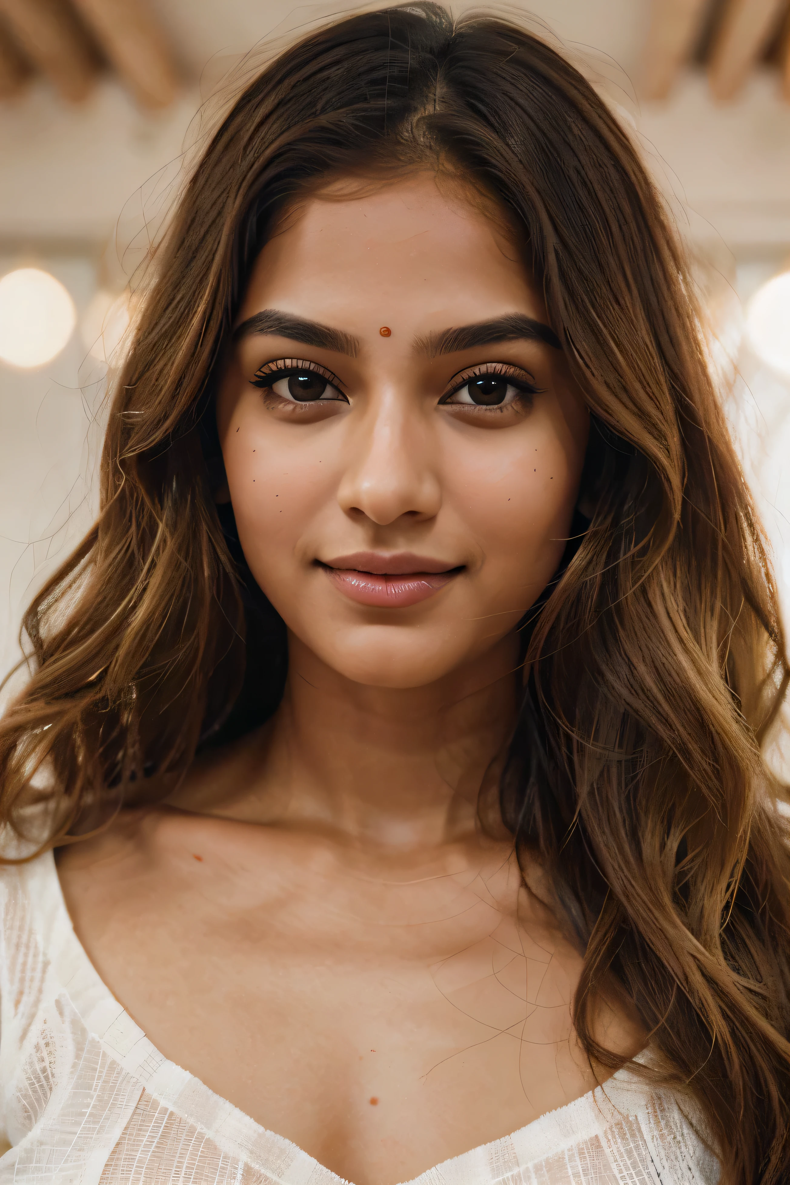 The face of an Indian woman with fair skin and brown-blonde hair. She has striking almond-shaped eyes, a straight, delicate nose, and full lips that curve into a gentle smile. Her brown-blonde hair frames her face in soft waves, with subtle highlights that catch the light. Her eyebrows are well-defined, accentuating her expressive eyes, and her complexion is clear and radiant, reflecting her natural beauty.