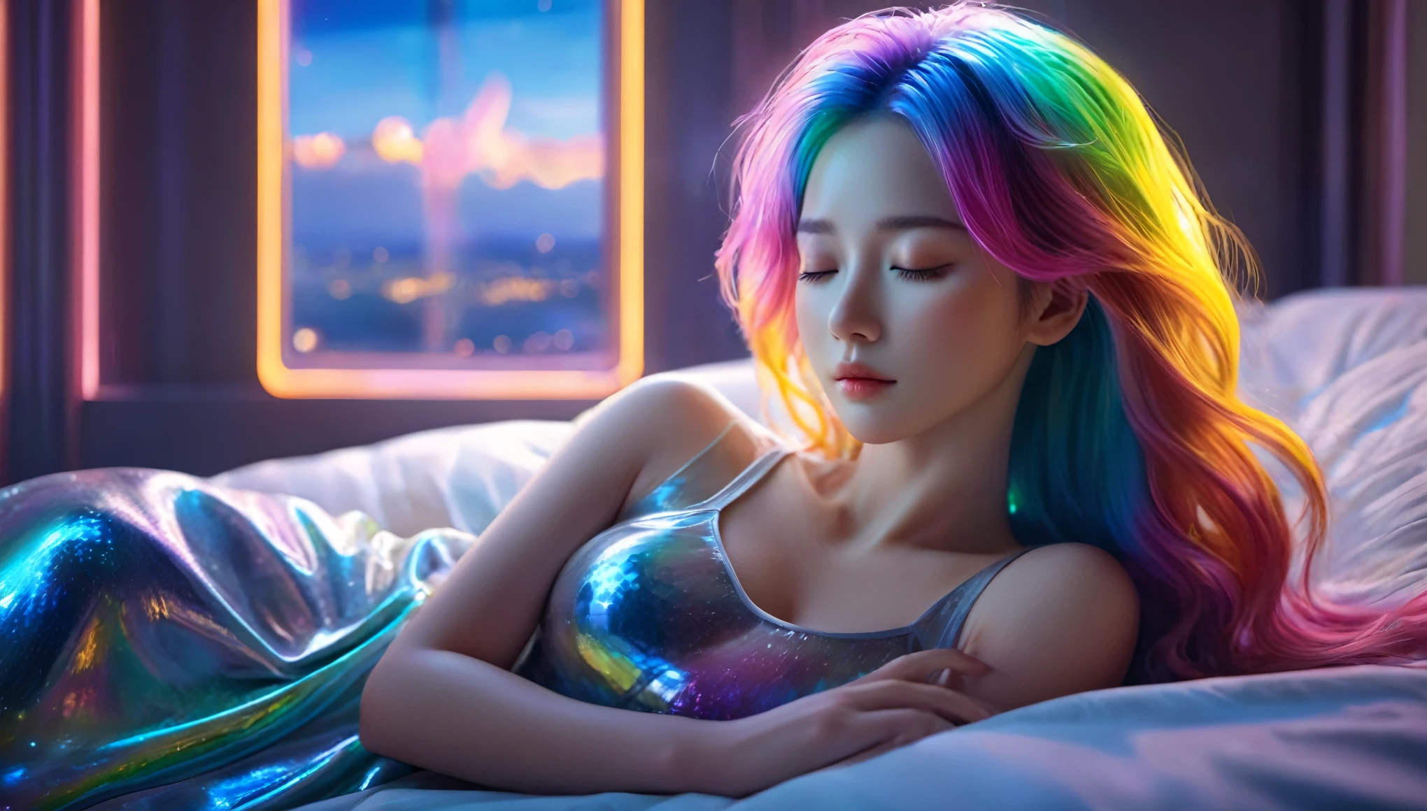 (best quality,8k,ultra-detailed:1.2),(CG,CG art,3D rendering),(masterpiece:1.2),(movie lighting,futuristic),(woman lying in bed,sleeping,closed eyes),(large window behind her,tranquil night),(colorful hair:1.5)