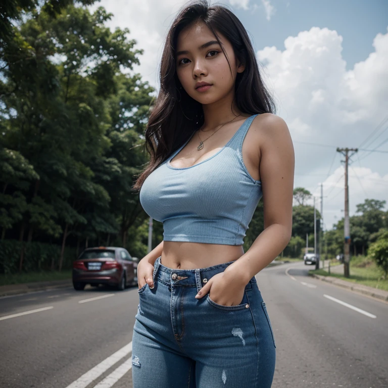 Best picture quality, Masterpiece, Ultra high resolution 8K, photograph, 1 Asian girl gets a beauty makeover, her long hair blows in the wind. The face is too realistic and the six-pack abs are outstanding. Very large breasts, prominent, shiny, bouncy., Looking straight at the action with various poses, seductive, seductive, sexy. Sexy old blue red mesh translucent thin tank top; Old ripped jeans, sexy, white sneakers, The evening sun shines brightly on the face., movies,, (Old, torn clothes, sexy style:1.5), bare shoulders, It&#39;s really raining, ,.. Picture clarity 8k, Taken with a high quality camera 45,000,000 Chili Cell