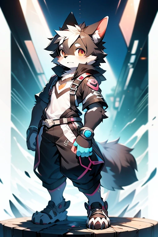 Furry Bernese mountain dog, forelimb, Legs, Standing Shota boy, Overall whitehead, Arms, Body and legs，Blue-black pattern all over，pink flesh pads, eyes and pupils blue, Furry, No clothing, Two earechanical nanoskin