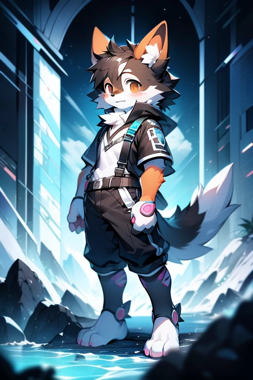 Furry Bernese mountain dog, forelimb, Legs, Standing Shota boy, Overall whitehead, Arms, Body and legs,Blue-black pattern all over,pink flesh pads, eyes and pupils blue, Furry, No clothing, Two earechanical nanoskin