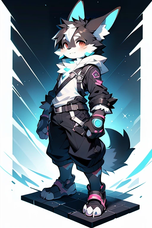 Furry Bernese mountain dog, forelimb, Legs, Standing Shota boy, Overall whitehead, Arms, Body and legs,Blue-black pattern all over,pink flesh pads, eyes and pupils blue, Furry, No clothing, Two earechanical nanoskin