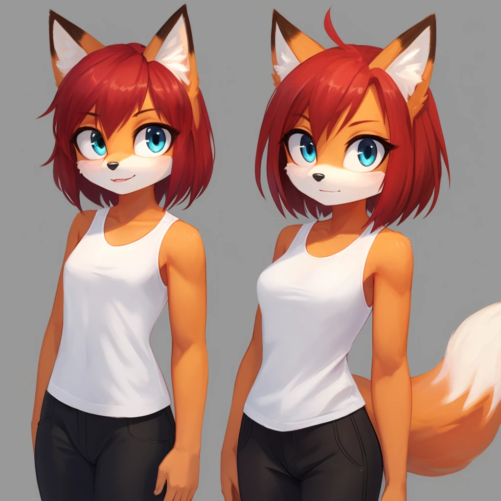 furry female, green eyes, black pants, short hair, sleeveless shirt, red hair, bangs, orange fur, blue eyes, fox mobian, toned, white shirt, black pants