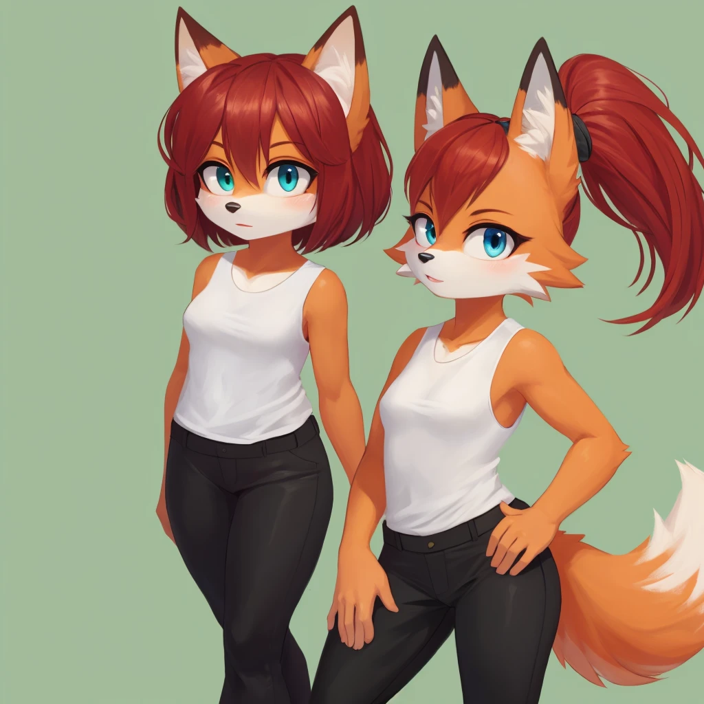 furry female, green eyes, black pants, short hair, sleeveless shirt, red hair, bangs, orange fur, blue eyes, fox mobian, toned, white shirt, black pants