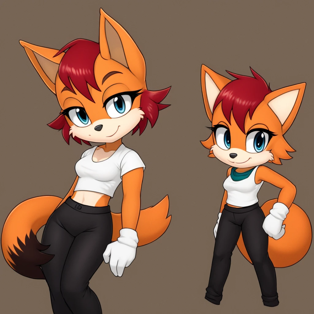 furry female, green eyes, black pants, short hair, sleeveless shirt, red hair, bangs, orange fur, blue eyes, fox mobian, toned, white shirt, black pants