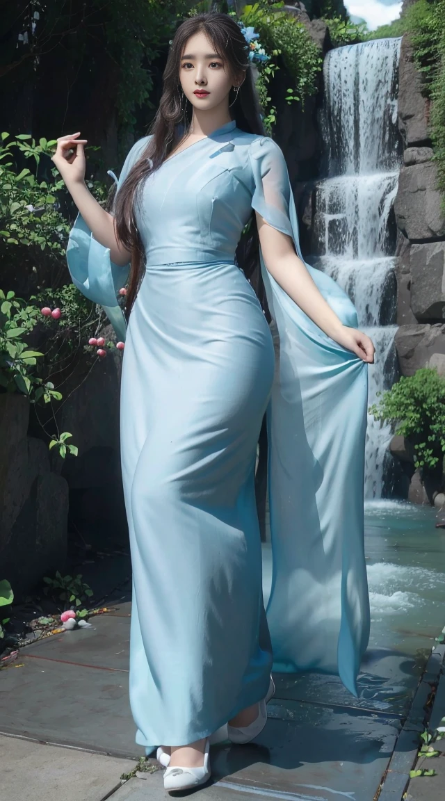 (8k, RAW photo, photorealistic:1.25) ,( lip gloss, eyelashes, glossy side, shiny skin, best quality, ultra high resolution, depth of field, chromatic aberration, caustic, wide light, natural shadow, Kpop idol) , Arad woman in blue dress and thigh socks standing under the waterfall, tall and thin beauty goddess, flowing dress, flowing dress, flowing dress, clouds, flowing realistic fabric, flowing aqua green silk, beautiful flowing fabric, Stunning young ethereal figure, wearing flowing dress, long flowing fabric, realistic beautiful young woman, flowing fabric, (wind: 1.3), blue sky in background, (full body: 1.5), yangmi