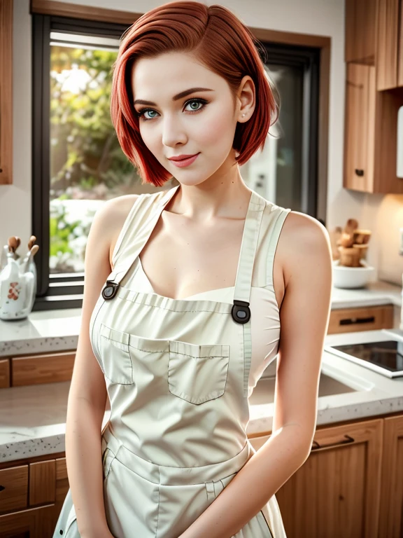 Close-up portrait of a playful maid, undercut hair, Natural, aprons, amazing body, pronounced feminine features, Kitchen, [Ash Blonde | Ginger | Pink hair], freckle, Flirting with camera