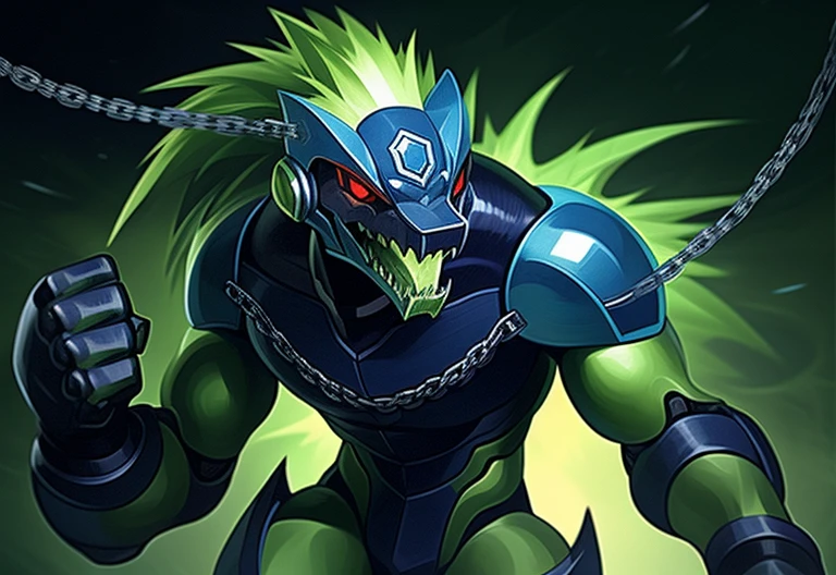 "A male Anthro with a green body, wearing a robot armor and a chain, has red eyes and green hair. The body is covered with reptilian scales. His mouth shows sharp teeth. The robot armor is detailed and consists of intricate mechanical parts. The artwork should have the best quality, be ultra-detailed, and realistic. The color palette should emphasize vivid greens and vibrant hues. The lighting should be dramatic, casting dynamic shadows and highlights on the character. The background should be minimalistic, with no distracting elements, focusing the attention on the character. The figure should be in a powerful and dynamic pose, with the right hand clenched in a restrictive punch."

clew: "A male Anthro with a green body，Wearing robot armor and chain rings，Has red eyes and green hair。Body covered with reptilian scales。His mouth shows sharp teeth。Robot armor is rich in detail，and consists of complex mechanical parts。Artwork should be of the best quality，super detailing，And realistic。The color palette should emphasize bright greens and vibrant tones。Light should be dramatic，Cast dynamic shadows and highlights on characters。Background should be simple，No distracting elements，Focus on the character。Character poses should be powerful and dynamic，Make a restrictive fist with your right hand。"