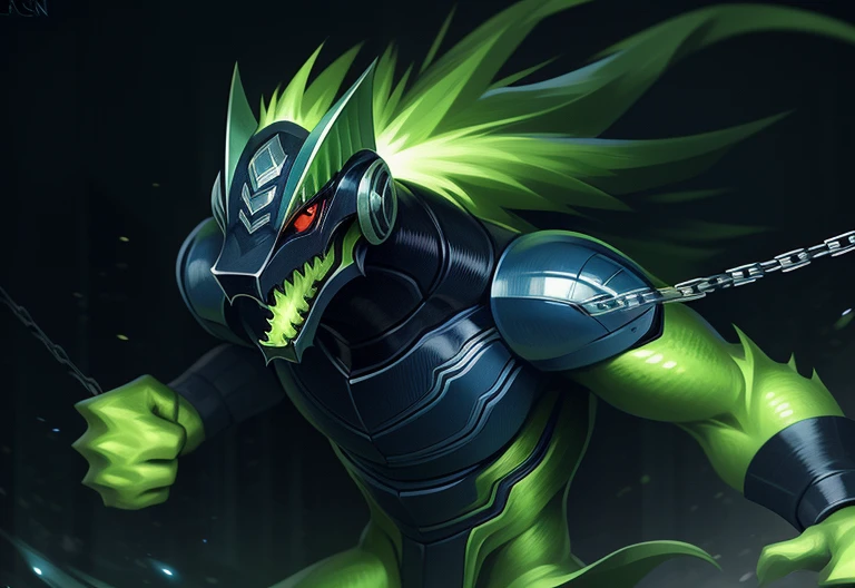 "A male Anthro with a green body, wearing a robot armor and a chain, has red eyes and green hair. The body is covered with reptilian scales. His mouth shows sharp teeth. The robot armor is detailed and consists of intricate mechanical parts. The artwork should have the best quality, be ultra-detailed, and realistic. The color palette should emphasize vivid greens and vibrant hues. The lighting should be dramatic, casting dynamic shadows and highlights on the character. The background should be minimalistic, with no distracting elements, focusing the attention on the character. The figure should be in a powerful and dynamic pose, with the right hand clenched in a restrictive punch."

clew: "A male Anthro with a green body，Wearing robot armor and chain rings，Has red eyes and green hair。Body covered with reptilian scales。His mouth shows sharp teeth。Robot armor is rich in detail，and consists of complex mechanical parts。Artwork should be of the best quality，super detailing，And realistic。The color palette should emphasize bright greens and vibrant tones。Light should be dramatic，Cast dynamic shadows and highlights on characters。Background should be simple，No distracting elements，Focus on the character。Character poses should be powerful and dynamic，Make a restrictive fist with your right hand。"