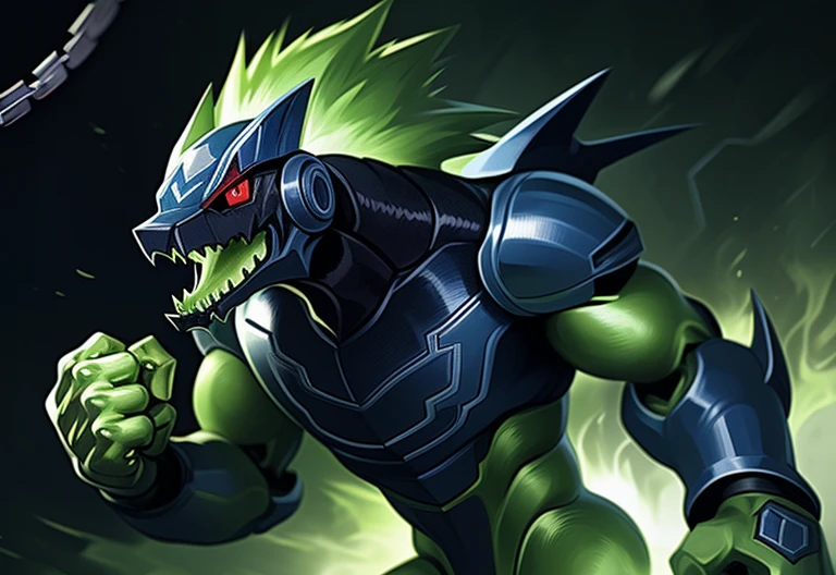 "A male Anthro with a green body, wearing a robot armor and a chain, has red eyes and green hair. The body is covered with reptilian scales. His mouth shows sharp teeth. The robot armor is detailed and consists of intricate mechanical parts. The artwork should have the best quality, be ultra-detailed, and realistic. The color palette should emphasize vivid greens and vibrant hues. The lighting should be dramatic, casting dynamic shadows and highlights on the character. The background should be minimalistic, with no distracting elements, focusing the attention on the character. The figure should be in a powerful and dynamic pose, with the right hand clenched in a restrictive punch."

clew: "A male Anthro with a green body，Wearing robot armor and chain rings，Has red eyes and green hair。Body covered with reptilian scales。His mouth shows sharp teeth。Robot armor is rich in detail，and consists of complex mechanical parts。Artwork should be of the best quality，super detailing，And realistic。The color palette should emphasize bright greens and vibrant tones。Light should be dramatic，Cast dynamic shadows and highlights on characters。Background should be simple，No distracting elements，Focus on the character。Character poses should be powerful and dynamic，Make a restrictive fist with your right hand。"