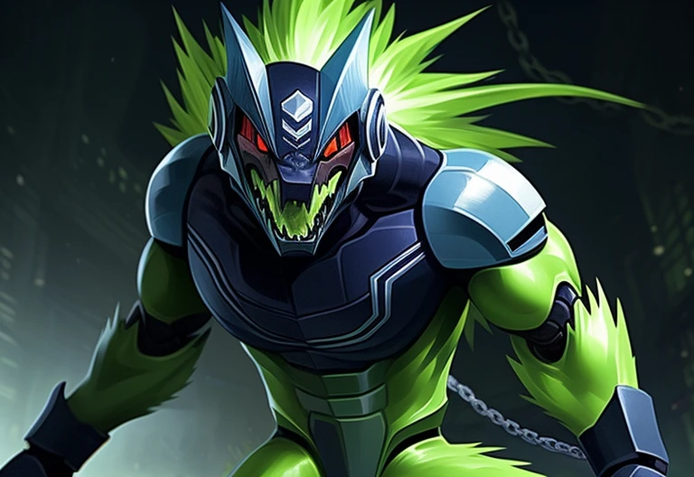 "A male Anthro with a green body, wearing a robot armor and a chain, has red eyes and green hair. The body is covered with reptilian scales. His mouth shows sharp teeth. The robot armor is detailed and consists of intricate mechanical parts. The artwork should have the best quality, be ultra-detailed, and realistic. The color palette should emphasize vivid greens and vibrant hues. The lighting should be dramatic, casting dynamic shadows and highlights on the character. The background should be minimalistic, with no distracting elements, focusing the attention on the character. The figure should be in a powerful and dynamic pose, with the right hand clenched in a restrictive punch."

clew: "A male Anthro with a green body，Wearing robot armor and chain rings，Has red eyes and green hair。Body covered with reptilian scales。His mouth shows sharp teeth。Robot armor is rich in detail，and consists of complex mechanical parts。Artwork should be of the best quality，super detailing，And realistic。The color palette should emphasize bright greens and vibrant tones。Light should be dramatic，Cast dynamic shadows and highlights on characters。Background should be simple，No distracting elements，Focus on the character。Character poses should be powerful and dynamic，Make a restrictive fist with your right hand。"