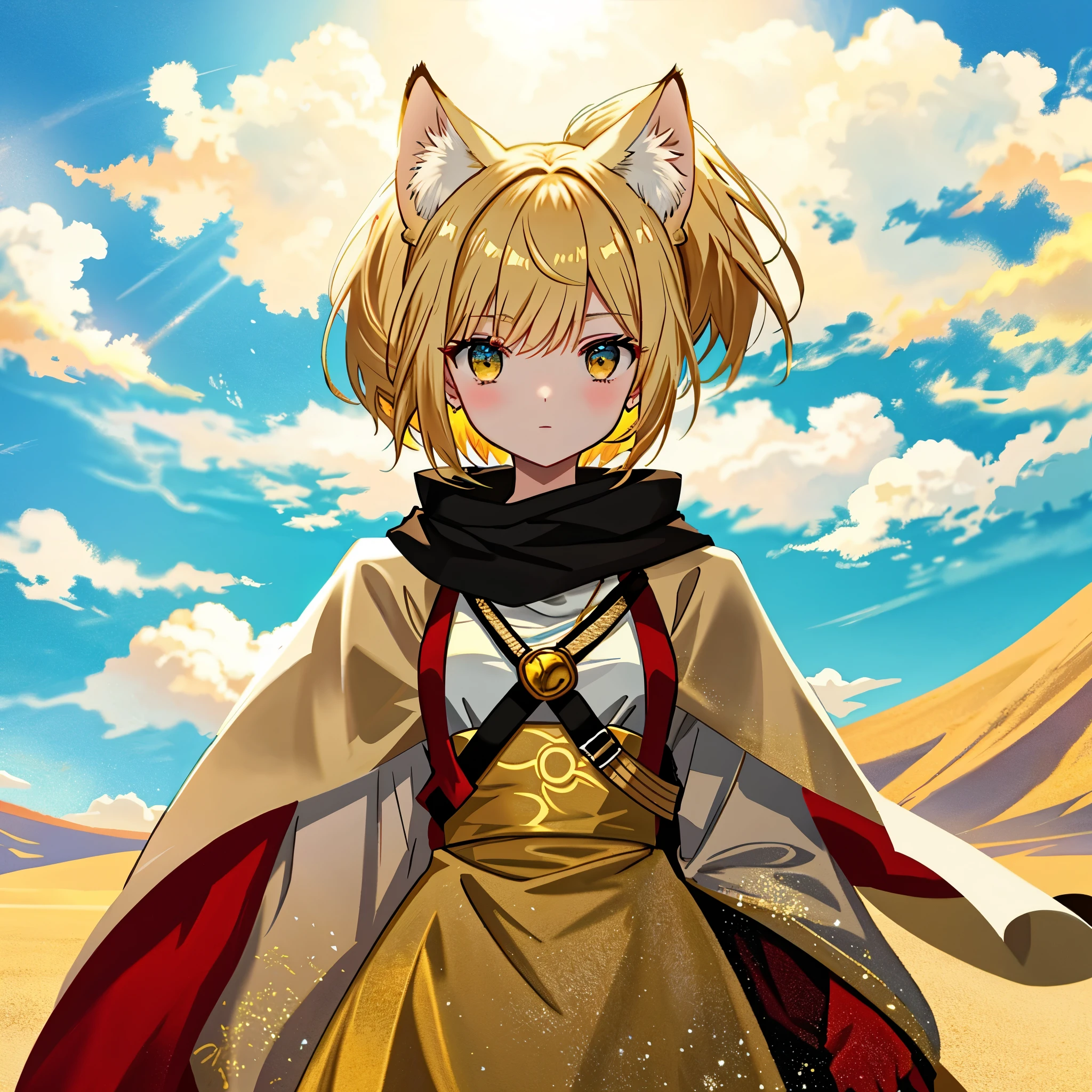 **AI Illustration Prompt: A Mystical Desert Girl**
Create a high-resolution, detailed illustration of a single girl, inspired by the fantasy and anime style. The character should embody the features of a sand cat, set against the backdrop of a mystical desert atmosphere.
**Character Details**
- **Physique**: The girl should have a slim and elegant physique.
- **Skin Color**: Her skin color should be fair.
- **Animal Features**: She should have the ears and tail of a sand cat.
- **Costume**: She should be wearing an elegant, streamlined costume suitable for a desert environment. The costume should primarily be in gold, blue, and green colors, with light blue, yellow, silver, and deep red as accents.
- **Hairstyle**: Her hairstyle should be long, with elements of a ponytail, twin tails, and a bob cut combined. The hair color should be primarily gold, with a gradient of blue and green.
- **Props**: She should be holding a red orb that contains mystical power.
- **Emotion**: She should have a calm and mystical expression.
- **Movement**: She should be still, staring at the orb, performing a ritual to unleash the power hidden within the orb. Her posture should be calm, and her movements should be smooth and natural.
**Background Details**
- **Perspective**: The character should be placed in the foreground, with a vast desert landscape in the background.
- **Composition**: The character should be placed in the center of the screen to maintain visual balance.
- **Background**: The background should depict a desert landscape, with an oasis visible in the distance. The background colors should use warm color tones.
- **Lighting**: The light of the setting sun should illuminate the character, giving the entire scene a warm and dramatic atmosphere.
**Artistic Style and Quality**
- **Style**: The illustration should be in the style of high-resolution official artwork or very detailed and elaborate fan art that is trending on ArtStation or Pixiv. It should incorporate real a
