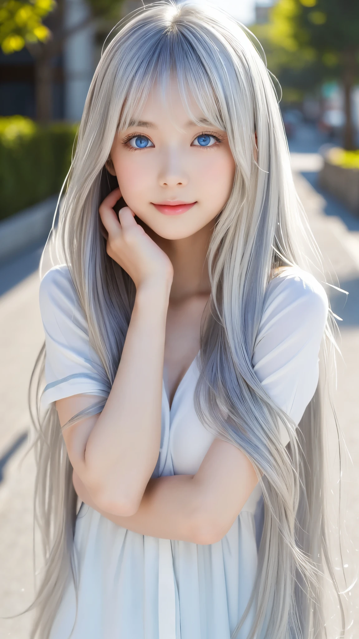 Shining, clear, white skin、Her windblown silver hair hides her beautiful face.、huge、Sexy beautiful face of 28 years old、Beautiful straight hair that stands out、growing up, Sparkling light blue eyes、Sexy long silky bangs covering the eyes, Sexy young woman with super long hair hiding her sexy face、Shining silver hair、(((Sexy Woman)))