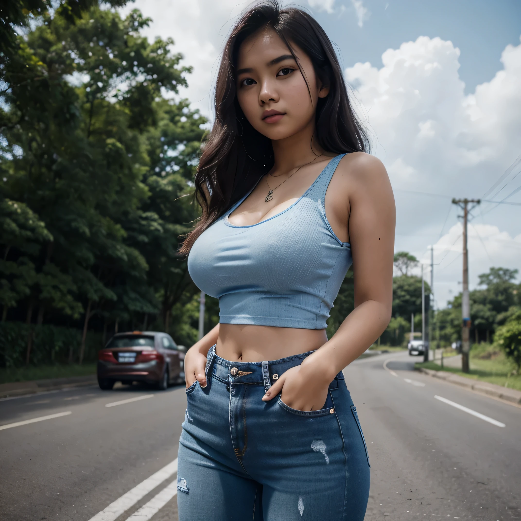 vera , indonesian girl 20 years old , wearing blue jeans , blue flanel ,tight tanktop standing at the side road , 