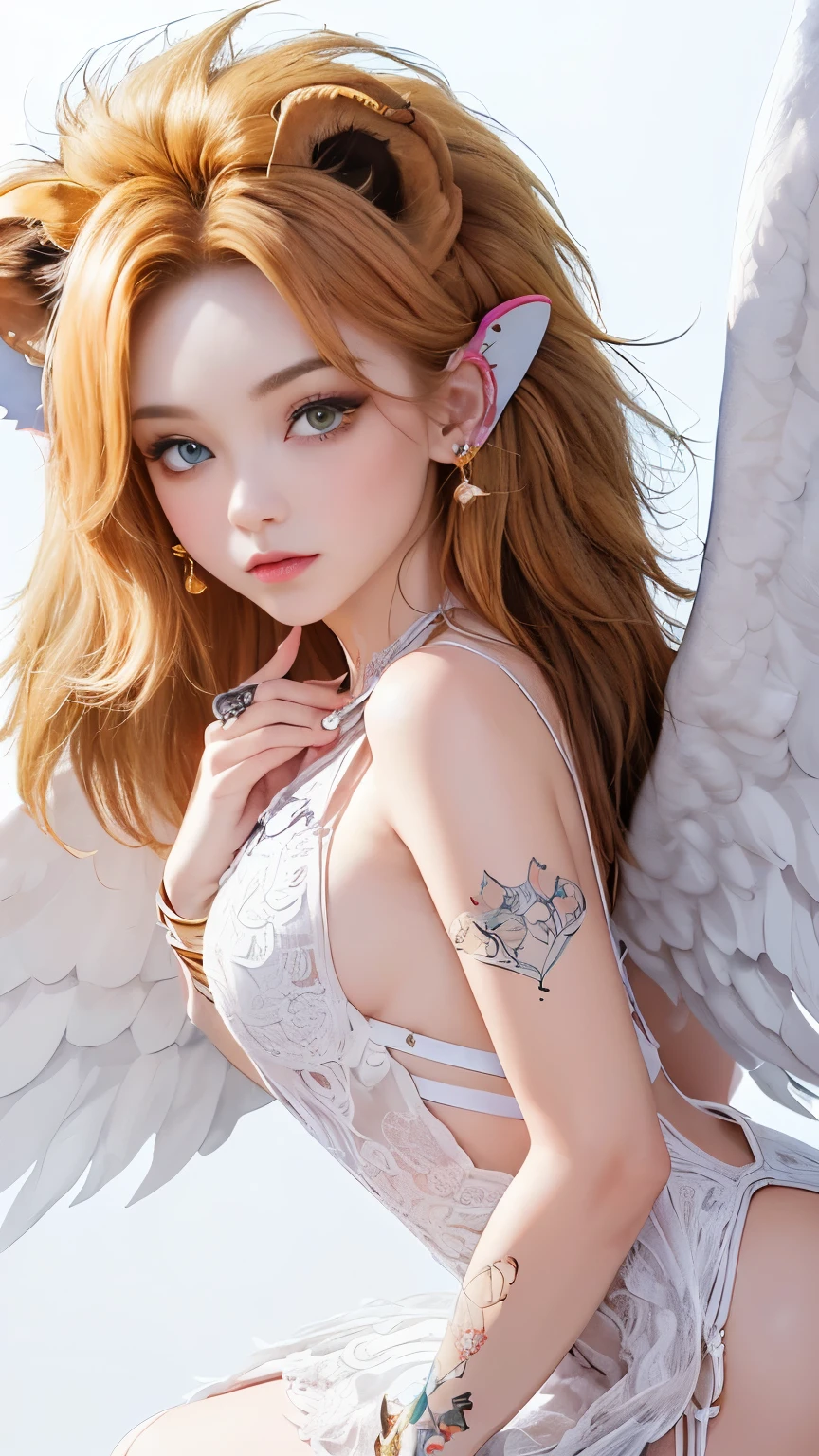 ((White background)), ((Clip Art )), ((sticker)), (((Lion's ears)), Watercolor beautiful wild rose fantasy art, Perfect eyes,Beautiful face and flowers, Angel Wings, chibi Lovely animation style, Vibrant colors, Intricate details, Ultra Detail, Ultra-high quality, 32k, Unreal Engine, isolated on White background, Lovely, Flash,full-body shot,wear high heel shoes