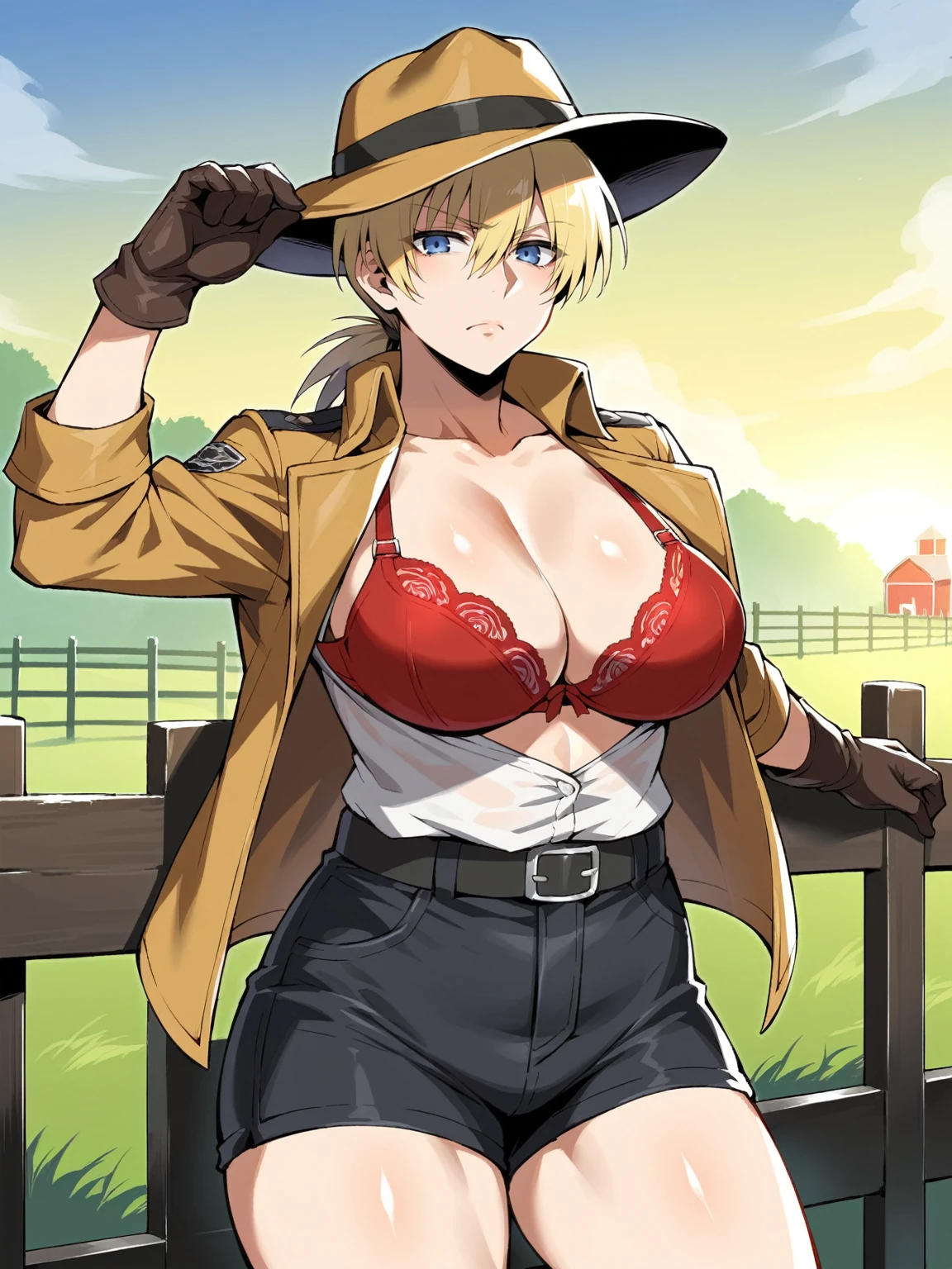 Score_9, score_8_up, source_anime, rating:safe, sfw, safe for work, 1girl, solo, large breasts, jacket, blonde, blue eyes, hellsing, mature, mature female, clothed, lying against fence, leaning on fence, frown, ikuchan, see through, transparent, cowboy hat, red bra, fur trimmed bra, outdoors, lace gloves, shorts, thighs, knotted bra, cowgirl, fence, looking at viewer, front view, farm, standing, farm fence, grabbing hat, tipping on hat, menacing glare, evening, dusk, dim lighting