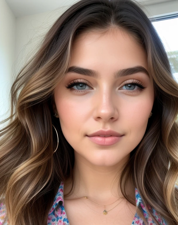 Obra maestra, close up photography, cinematic lighting, delineador de ojos, ojos azules, Brown and wavy hair, ((pelo ondulado)),Beautiful 21-year-old woman, Using big, fancy sci-fi (poligonal facetado) maquillaje de caramelo, (Camisa floral de manga larga:1.1), Jeweler&#39;s, pendientes, collar, mirando al espectador, profundidad de campo, Sharp focus, (fotorrealista:1.2),(foto cruda:1.2), (mejor calidad:1.2), (cara detallada :1.4) (piel muy detallada:1.2), 8k hd, DSLR, Soft lighting, alta calidad, film grain, Fujifilm XT3