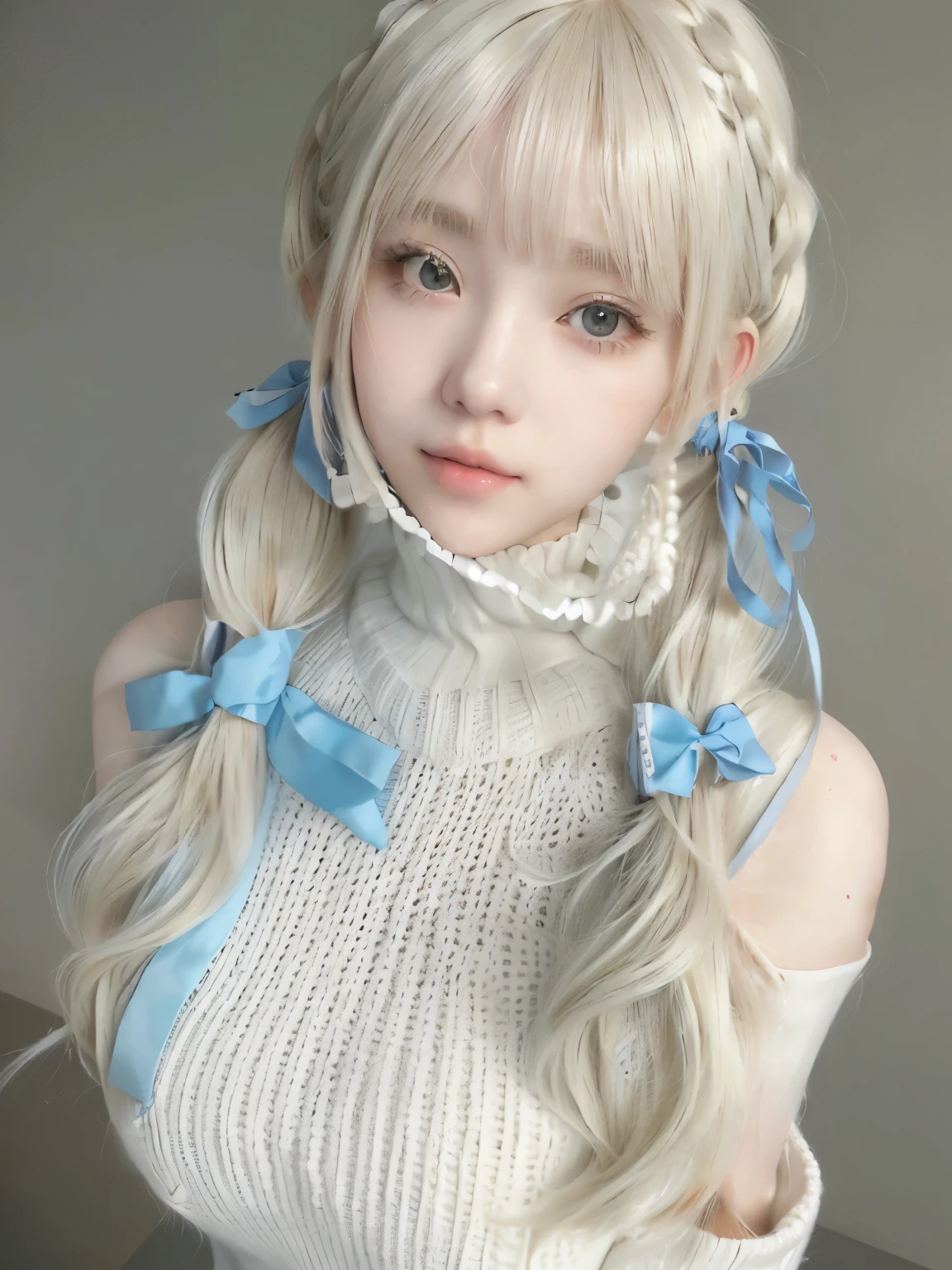 a close up of a woman with long blonde hair wearing a white sweater, white hime cut hairstyle, pigtails hairstyle, twintails hairstyle, long white hair and bangs, anime girl cosplay, blond hair with pigtails, white ponytail hair, kawaii hairstyle, anime girl in real life, realistic young anime girl, pigtails hair, with white long hair, ulzzang