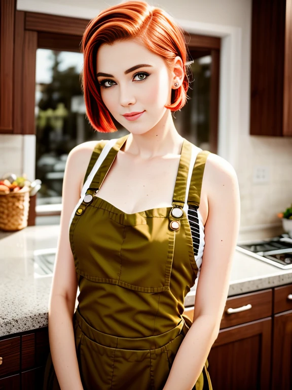 Close-up portrait of a playful maid, undercut hair, Natural, aprons, amazing body, pronounced feminine features, Kitchen, [Ash Blonde | Ginger | Pink hair], freckle, Flirting with camera