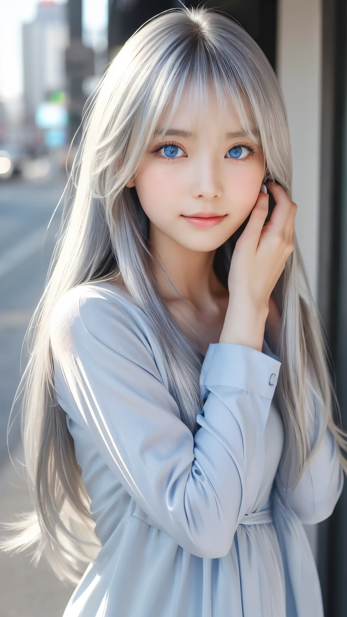 Shining, clear, white skin、Her windblown silver hair hides her beautiful face.、huge、Sexy beautiful face of 28 years old、Beautiful straight hair that stands out、growing up, Sparkling light blue eyes、Sexy long silky bangs covering the eyes, Sexy young woman with super long hair hiding her sexy face、Shining silver hair、(((Sexy Woman)))