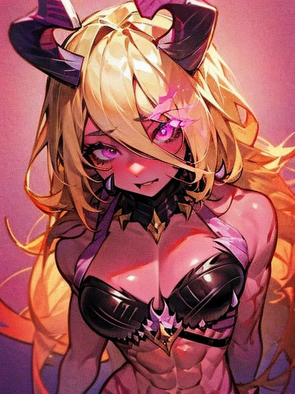 Masterpiece, best quality, expressive eyes, perfect face, 1 girl, purple eyes, Horns, pink skin, blonde hair, long hair,abs