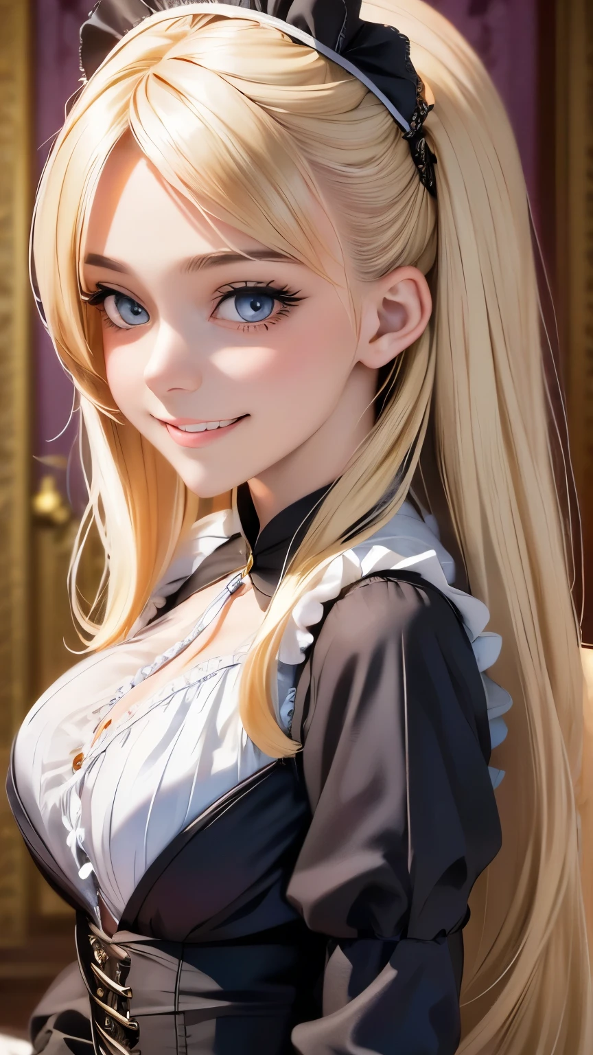 18 year old beautiful girl, big eyes, large breasts,  and slender, 8K, top quality, (very detailed head: 1.0), (very detailed face: 1.0), (very detailed hair: 1.0), maid clothes, very detailed official artwork, anime moe art style, clean detailed anime art, smile, golden hair, smooth long hair