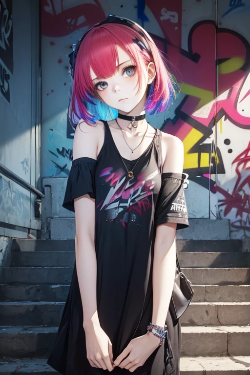 1girl, Wear casual clothes with accessories, bare shoulders, choker, (graffiti:1.2), staircase, looking at viewer, armband, head tilt, multicolored hair, (from below, full shot), (dreamy:1.1), (Highly detailed), (high resolution), (Best quality), (masterpiece)
