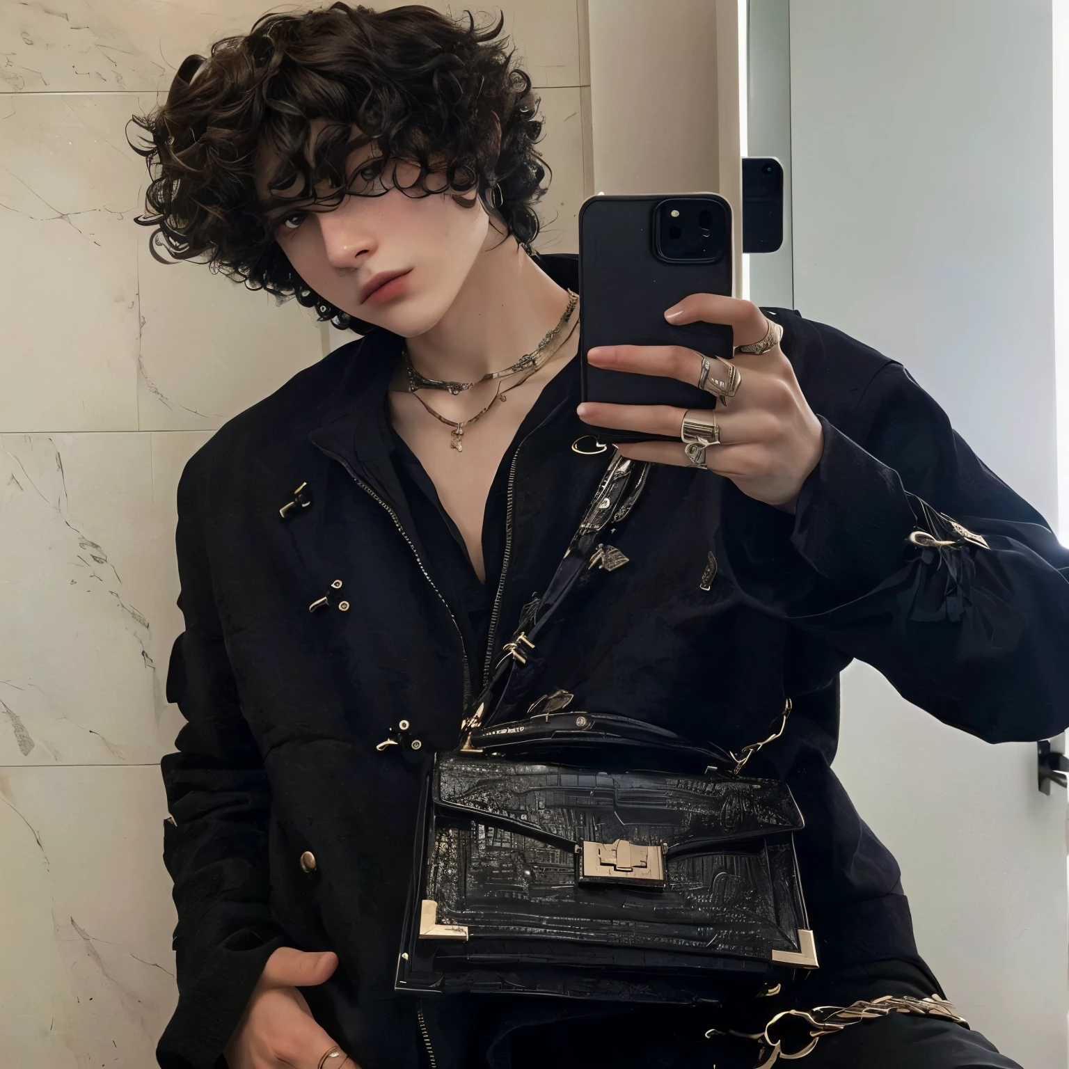 Araffated man with curly hair taking a selfie in a mirror., Finn Wolfhard, he has short curly brown hair, cai xukun, delicate androgynous prince, beautiful androgynous prince, timothy chalamet, en estilo de corazones cromados, estilo de seb mckinnon, estilo ilya vivishinov, androgynous man, androgynous person