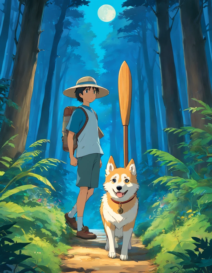 Homem, adventure hero, a boat oar is your weapon, wears a straw hat with no details, usa bermuda preta sem detalhes, usa camiseta azul marinho sem detalhes, night forest background, a white shepherd dog is your companion, olham para a lua cheia, are on a trail in the dark forest, lua cheia