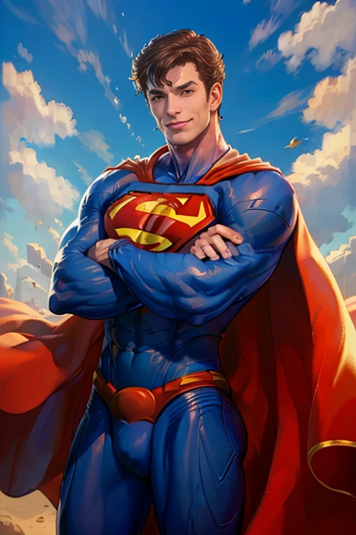 (masterpiece, best quality:1.2), cowboy shot, solo, male focus, 1boy, muscular male, smile, looking at viewer, crossed arms, supermansuit, blue bodysuit, cape, blue clouds, sky