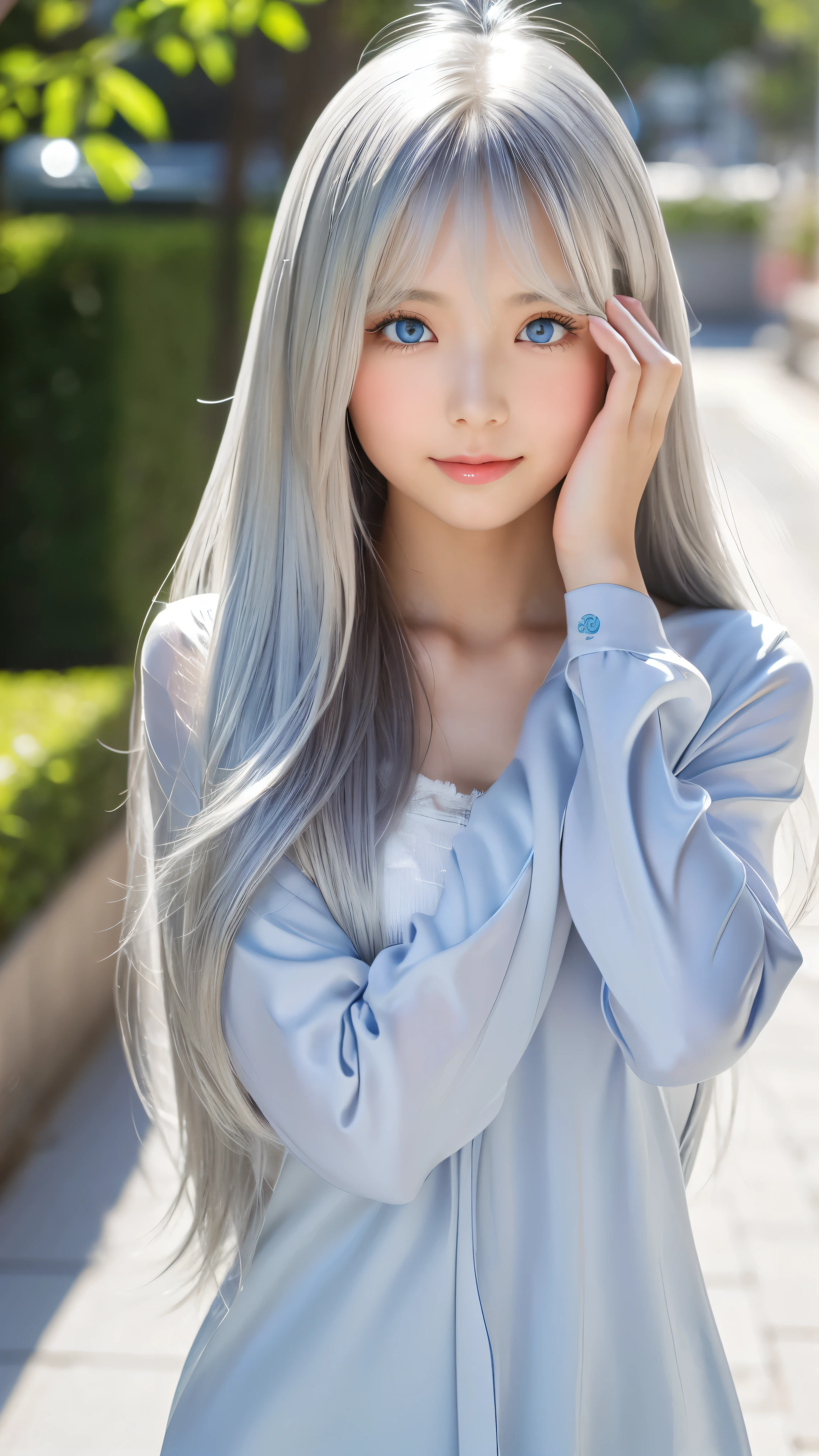 Shining, clear, white skin、Her windblown silver hair hides her beautiful face.、huge、Sexy beautiful face of 28 years old、Beautiful straight hair that stands out、growing up, Sparkling light blue eyes、Sexy long silky bangs covering the eyes, Sexy young woman with super long hair hiding her sexy face、Shining silver hair、(((Sexy Woman)))