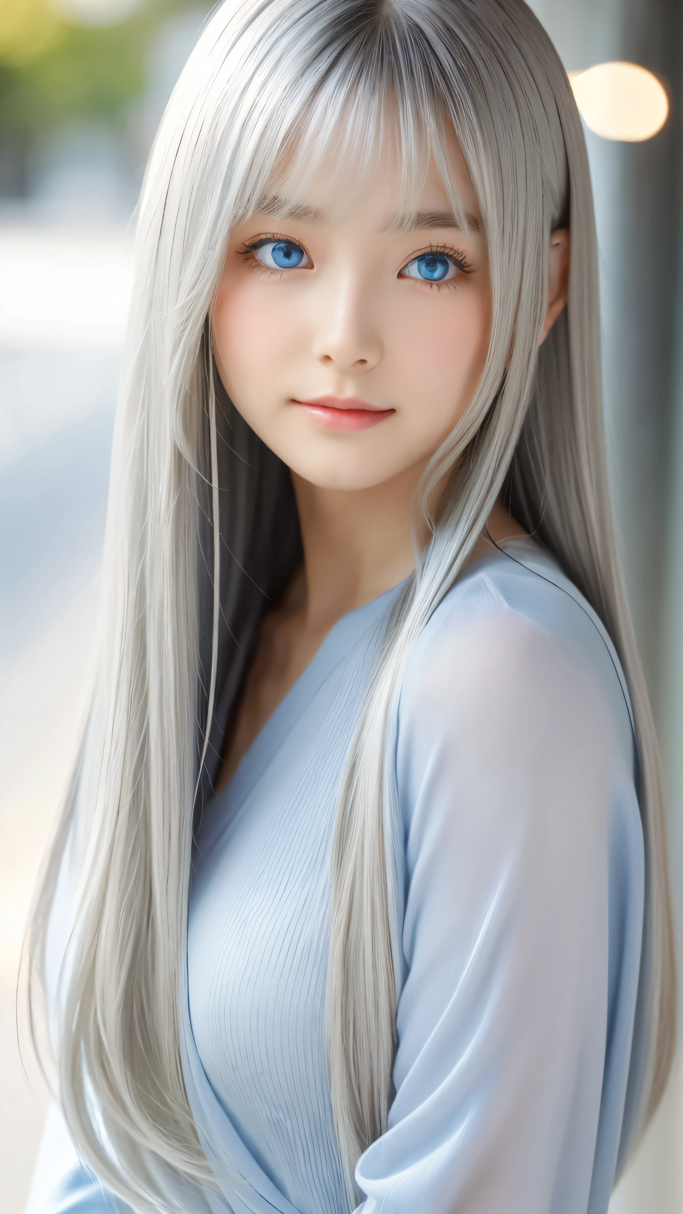 Shining, clear, white skin、Her windblown silver hair hides her beautiful face.、huge、Sexy beautiful face of 28 years old、Beautiful straight hair that stands out、growing up, Sparkling light blue eyes、Sexy long silky bangs covering the eyes, Sexy young woman with super long hair hiding her sexy face、Shining silver hair、(((Sexy Woman)))