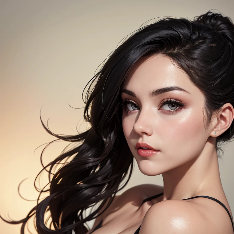 Beautiful 25-year-old woman wavy black hair gathered in a ponytail pink lips brown eyes tender face 