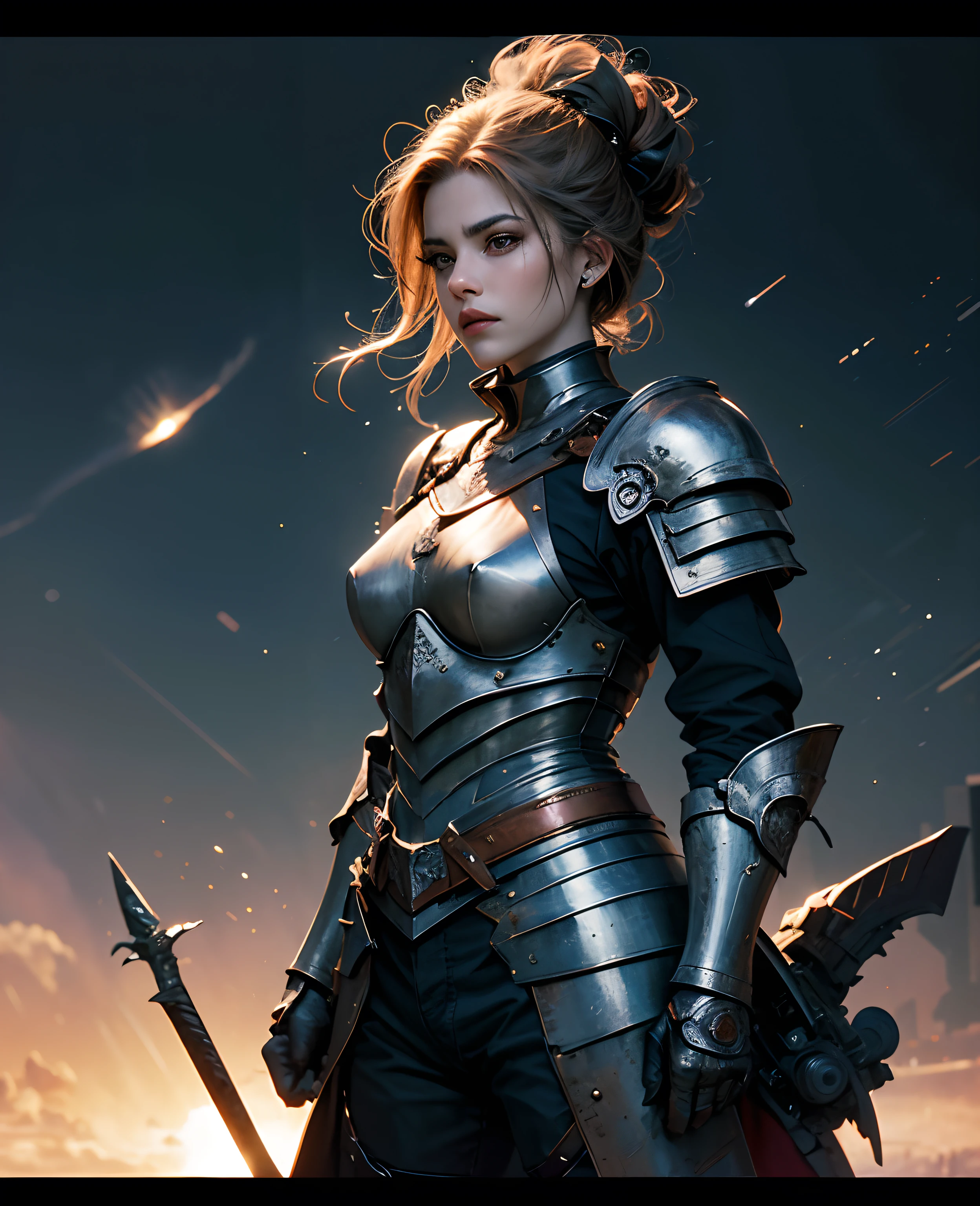 cabelos loiros, serious look, pressed lips, (preto updo:1.2), (black steel armor:1.1) e vestes (capa:1.2) realeza ornamentado (Bordado:0.5) com espada, magrela (Ombreira Gorget Plackart :1.3), (obra-prima:1.2) (illustration:1.1) (melhor qualidade:1.2) (detalhado) (intrincado) (8k) (HDR) (papel de parede) (cinematic lighting) (sharp focus)