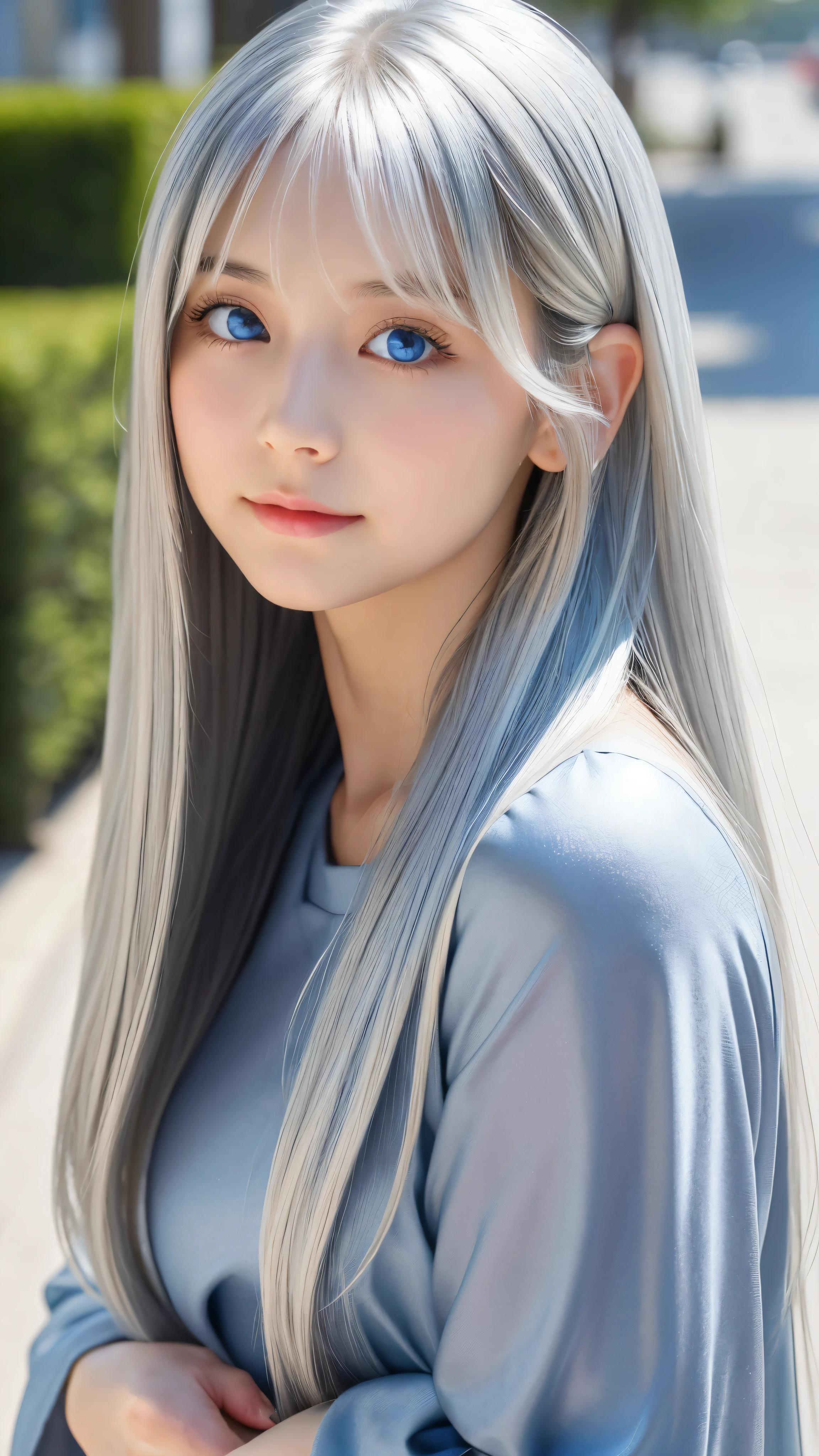 Shining, clear, white skin、Her windblown silver hair hides her beautiful face.、huge、Sexy beautiful face of 28 years old、Beautiful straight hair that stands out、growing up, Sparkling light blue eyes、Sexy long silky bangs covering the eyes, Sexy young woman with super long hair hiding her sexy face、Shining silver hair、(((Sexy Woman)))