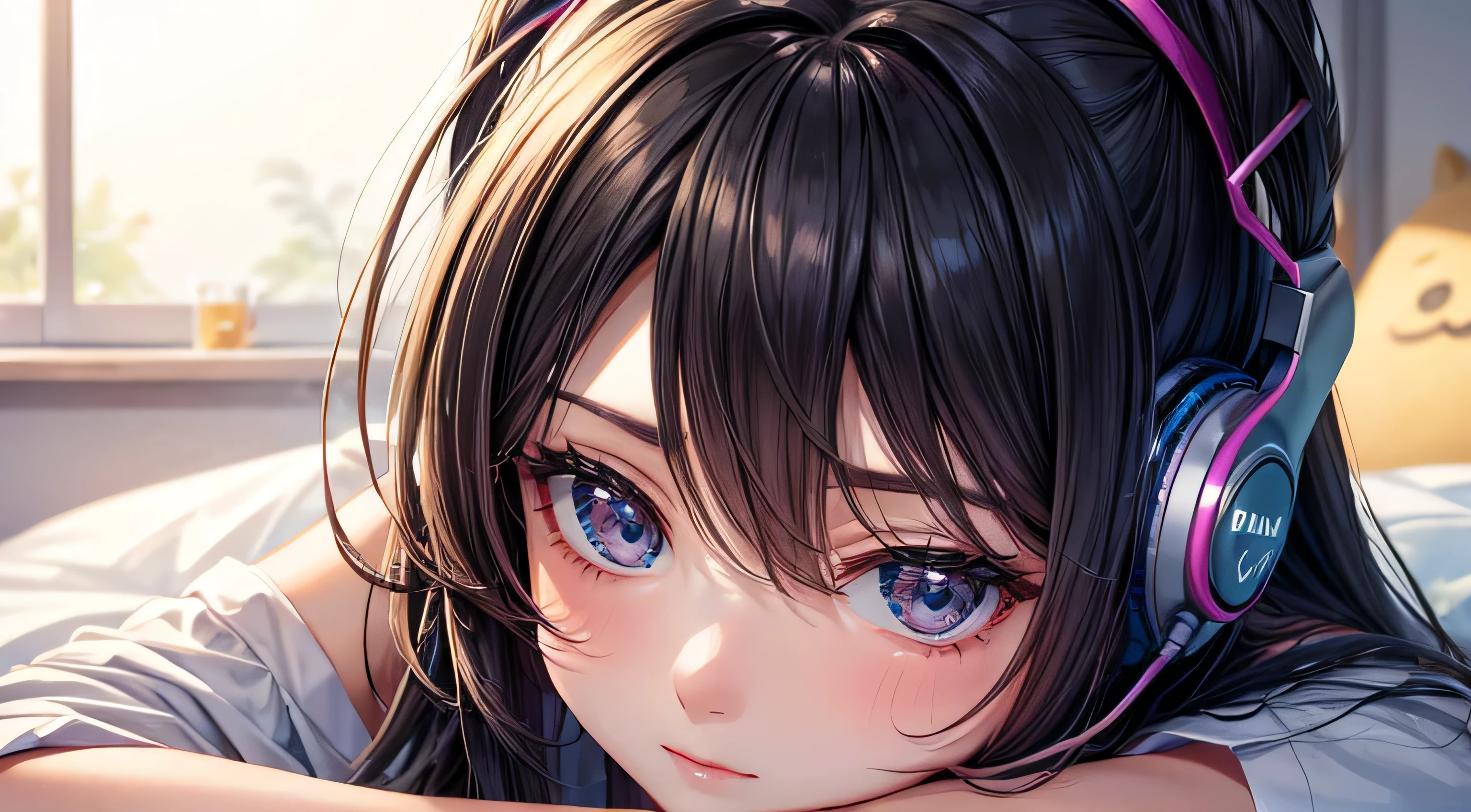 Girl relaxing in her room Detailed facial expression depiction、Detailed hair depiction、Detailed eye depiction、Headphones