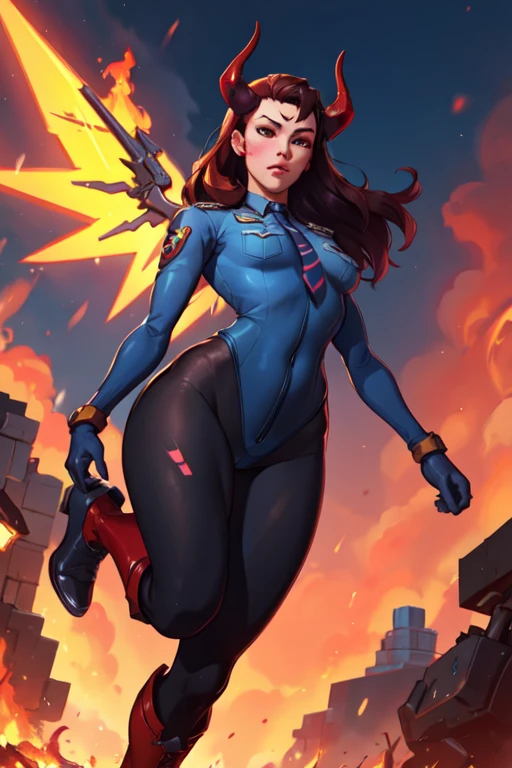 (masterpiece,best quality,absurdres,beautiful,aesthetic,detailed),from below,floating in midair,red sky,fire,1girl,devilmercy, black hair, demon horns, forehead mark, black sleeves, red , long sleeves, red gloves, black leggings, armor, red boots, mechanical wings,serious (detailed blue background), masterpiece, best quality, Officer_DVa, female_service_cap, brown_eyes, 