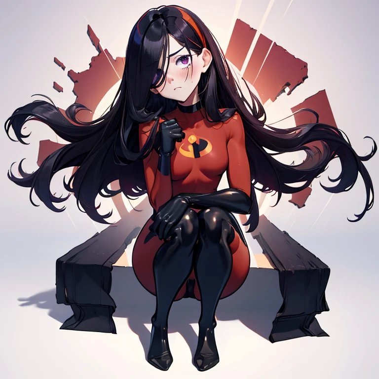 (full body),masterpiece, highest quality, One girl, Violet Par,  Long Hair, Black Hair,  Hair on one eye,  (Red hero suit)，Red bodysuit，black elbow gloves，Black Thigh Boots，Thick thighs，Place one hand on hip，Squat，Spread your legs，View your viewers, Looking down，Face to endure humiliation, Simple Background 