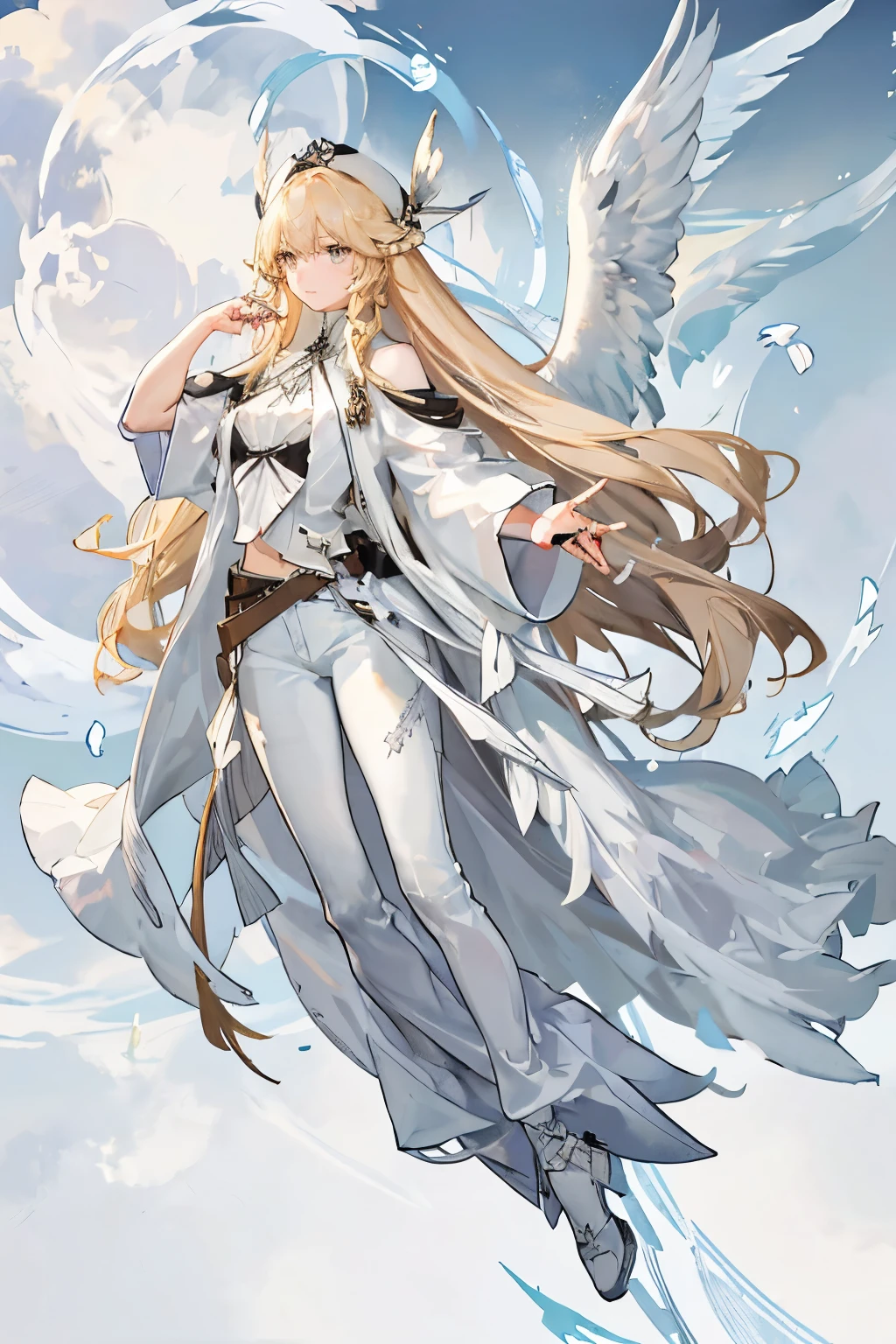 1 Girl, Blonde hair, Long hair, curls, Gray eyes, White feather wings, Angel, outdoor, White jacket, Necklace, Vest, jeans