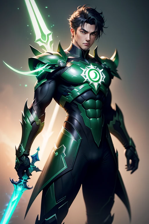 Close-up of a man with a green lantern sword, glowing green soul blade, Brilliant Sword, glowing sword in hand, intricate glowing mecha armor, Krenz Cushart and Wenjun Lin, elegant glowing armor, amazing 8k character concept art, style by duelyst, Krenz Cushart and Artem Demura