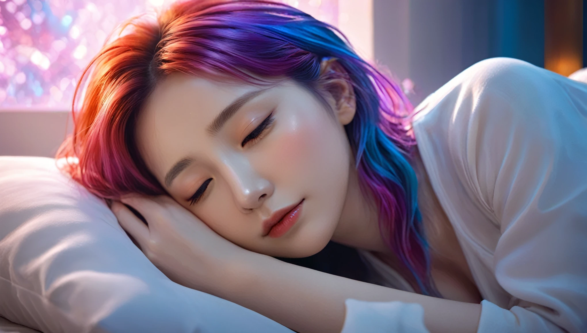 (best quality,8k,ultra-detailed:1.2),(CG,CG art,3D rendering),(masterpiece:1.2),(movie lighting,futuristic),(woman lying in bed,sleeping,closed eyes),(large window behind her,tranquil night),(colorful hair:1.5)