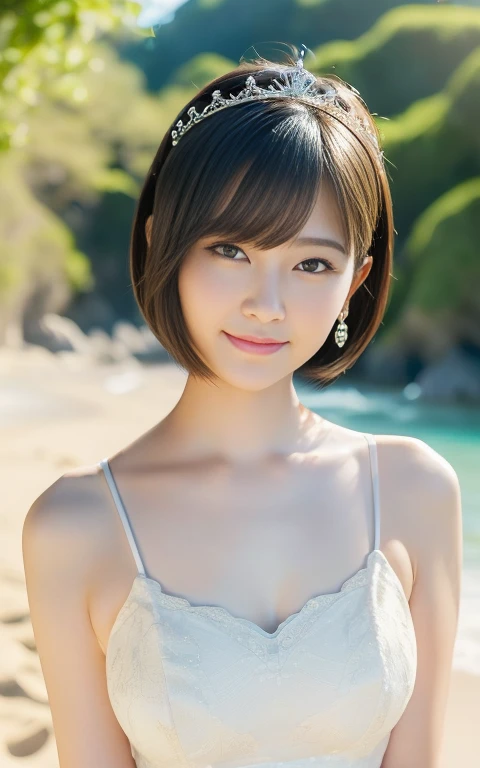 (Best quality: 1.5), (Realistic: 1.5), (1 person: 1.5), ((Upper body: 1.5)), Highly detailed, high resolution, 8k wallpaper, small breasts, natural colored lips, cute smile, fair skin , Japanese woman, 24-year-old girl, beautiful and elegant face, perfect and beautiful face, thin eyebrows, big eyes, cute eyes, beautiful and elegant face, natural bangs, beautiful thin nose, beautiful skin, medium bob hair, short cut hair, Natural bangs , perfect beautiful face, slim face and style, (looking at the camera with a cute expression), bright lighting, professional lighting, (front lighting), natural smile, beautiful beach, princess-line wedding dress, tiara, beautiful face lines, small face, cute, standing,