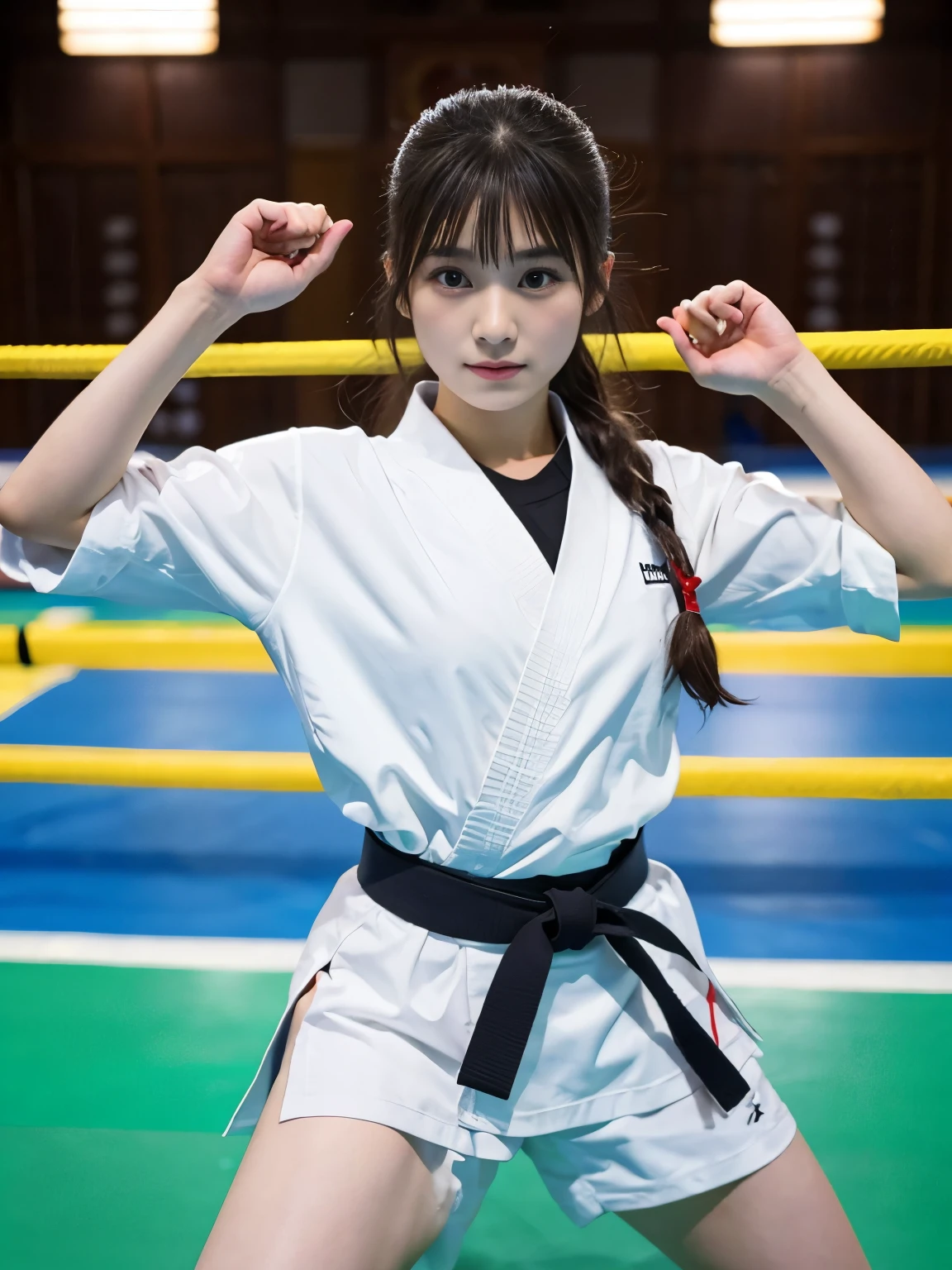 Best image quality,highest quality,masterpiece,4K,8k,highest quality,女性karate,in a karate道場 ring, Chudan Gyakutsu pose, karate, Young Japanese Woman, Japanese Girls,karateのUniform,Black belt,karate大会、whole body、Big Breasts、Uniform、Shorts、Too much exposure