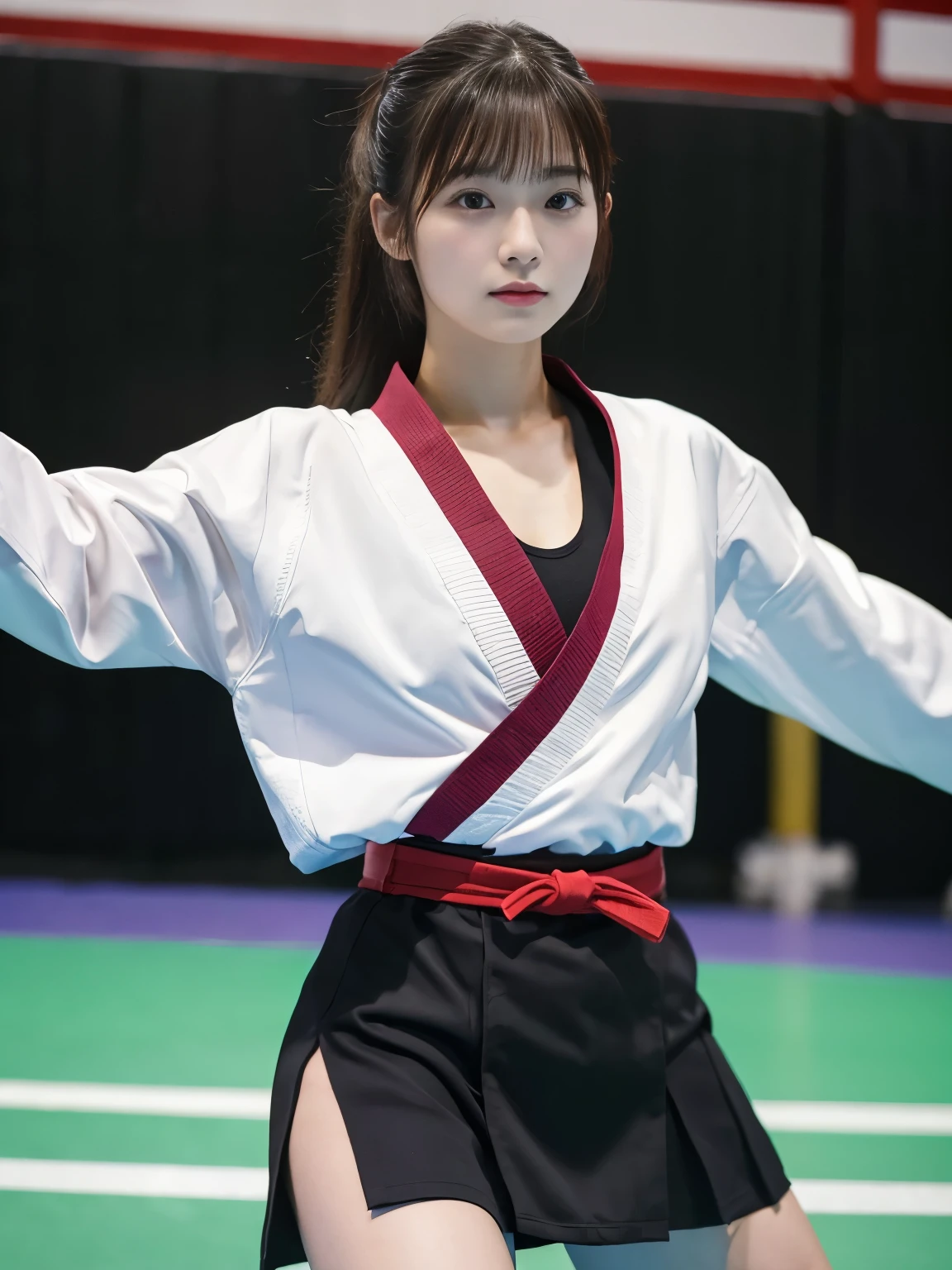 Best image quality,highest quality,masterpiece,4K,8k,highest quality,女性karate,in a karate道場 ring,  Chudan Gyakutsu pose, karate, Young Japanese Woman, Japanese Girls,karateのUniform,Black belt,karate大会、whole body、Big Breasts、Uniform、mini skirt、Too much exposure、No bra、Big 