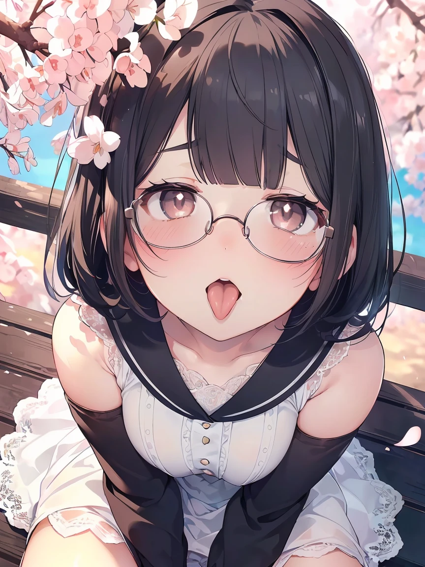 Very detailed, highest quality, High resolution, Moe Anime, ((Cute girl with black hair and droopy eyes)), ((Wearing large round glasses:1.4)), (Baby Face), Cute eyes, Detailed eye depiction, Sparkle in the eyes, View your viewers, Pale skin, (Big eyes:1.4, Droopy eyes:1.4, Fatty face:1.4), smile, Focus on the face, In the park with cherry blossoms falling, Sitting, (Extreme close up of tongue), (((From above))), Open your mouth, (((Face only:1.3))), ((white lace sleeveless dress)), Bright Eyes, Light from the front, (Put your hands between your legs:1.4), (large and long tongue:1.1)