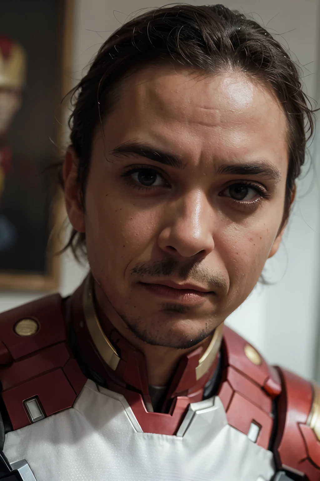 A man wearing an Iron Man costume, with a brave figure, faces the camera, with clear facial features and a cool expression, close-up of his face,