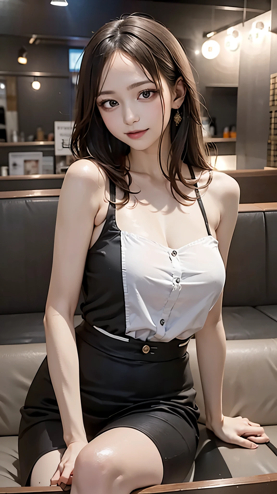 (masutepiece, Best Quality:1.2), 8K, 85 mm, Official art, Raw photo, absurderes, violaceaess, rosaceaess, gardeniass, Beautiful Girl, Pretty Face, close up, Upper body, Cinch West, Black Tailored Suit, Suit jacket, V-neck shirt, Looking at Viewer, (cleavage:0.7), Large breasts, Necklace, Film grain, chromatic abberation, Sharp Focus, face lights, clear lighting, Detailed face, (Bokeh background:1.2),(nightclub:1.5,Night lounge:1.5, hostess:1.6), ((Golden lighting))、(Velvet celebrity dress、Sit on a luxurious two-seater sofa、POV:1.5),(Big Breasts)、From feet to head、sit right next to、View from the side、Right beside、Located right next to